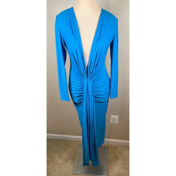 Solace London Lorena Draped Deep V Neck Azure Blue Midi Dress Size 4 - Picture 5 of 10